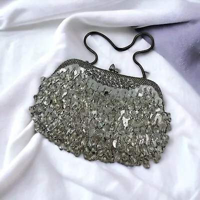 Silver Beaded Sequin Mini Clutch Bag Purse Formal Bag 90s Princess Glam Prom Vtg • $25