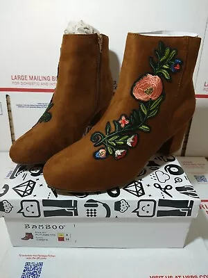 Bamboo AUTUMN Floral Embroidery Block Heel Vegan Suede Ankle Boots Almond Bootie • $16.99