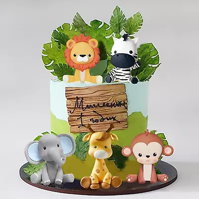 Jungle Safari Animal Cake Topper With Lion Giraffe Monkey Elephant Zebra For Wil • $52.99