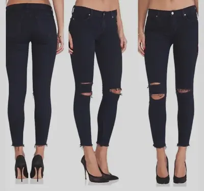 J Brand Cropped Raw Hem Mid Rise Super Skinny Dark Blue Mercy Distressed Jean 27 • $39