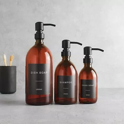 £7.99 • Buy Amber Plastic Labelled Bottle With Matte Black Dispenser Pump For Soap/Shampoo