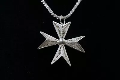 Maltese Cross .917 Silver Malta Victorian Cannetille Filigree &925 Chain D038 • $44.99