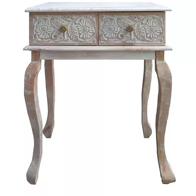 2 Drawer Mango Wood Console Table With Floral Carved Front Brown And White- • $161.87