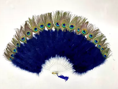 NAVY Marabou Feather Fan W/ One Sided PEACOCK 30  X 15  Halloween Costume Dance • $24.29