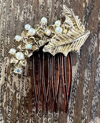 Vintage Gold Plated Faux Pearl & Clear AB Crystal Leaf  Plastic Hair Comb Clip • $14.99