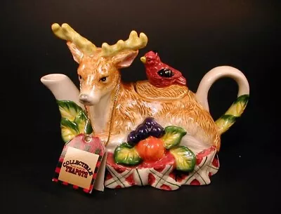 Vintage NORITAKE Deer Reindeer  Cardinal Fruit Miniature Teapot W Hang Tag • $24.99