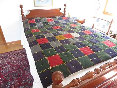 Antique CHICKEN SCRATCH EMBROIDERED Wool/Suiting PATCHWORK Tied QUILT--63  X 76  • $119