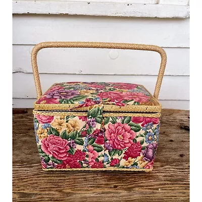Vintage 1970s Floral Wicker Sewing Basket With Scissors Thread Buttons Notions • $55