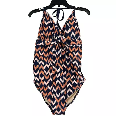 Liz Lange Maternity One Piece Swimsuit Boho Blue Orange Stripe Halter Size XL • $15