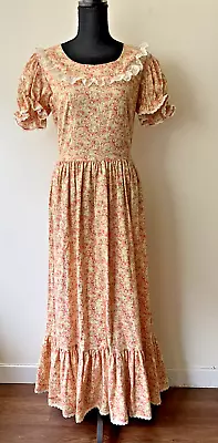 Vintage Floral Print Prairie Maxi Dress W/ Lace Trim & Sash Cottagecore Farm M • $60