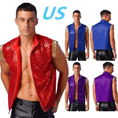 US Mens Vintage Sequin Vest Waistcoat Shiny Sleeveless Night Club Party Jacket  • $11.83