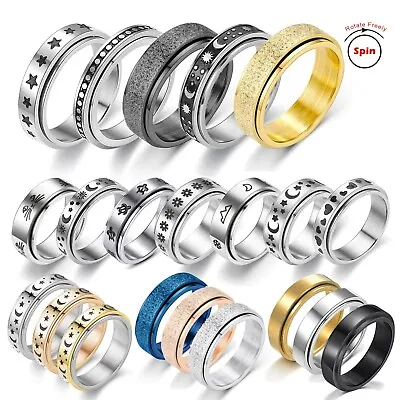 Anti-anxiety Spinner 35 Designs Fidget Rotating Stainless Steel Rings Band Black • $6.99