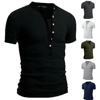 $9.65 • Buy Mens Casual Slim Fit V Neck T-Shirt Muscle Tee Tops Short Sleeve Button Blouse