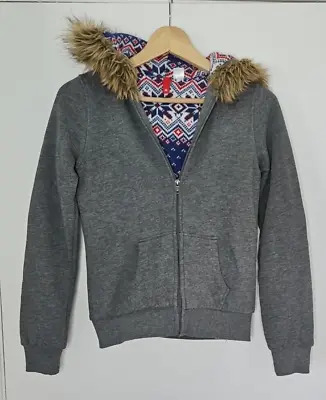 H&M Grey Zip Up Hoodie Faux Fur Trim Hood Fair Isle Knit Lined Size 8 Jumper • $4.96