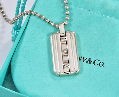 Tiffany & Co Silver Atlas DogTag Pendant 20.25  Bead Chain Necklace In Pouch Men • $359.99