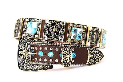 Western Belt Turquoise Rhinestone Belt Coffee Belt Cross Pants 38 Cinto Vaquero • $59.99