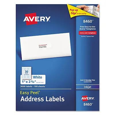 Avery Easy Peel Mailing Address Labels Inkjet 1 X 2 5/8 White 3000/Box 8460 • $29.99