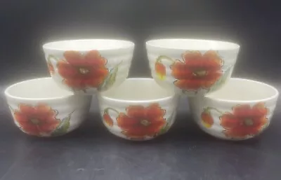 Maxcera WATER POPPY Ceramic Bowl Set Floral Orange Red Yellow 6” X 3” Set Of 5 • $34.95