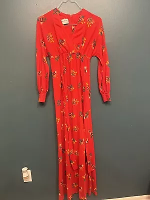 VINTAGE Bobbie Brooks Red Floral Long Sleeve Maxi Dress Union Made Size 11 • $20