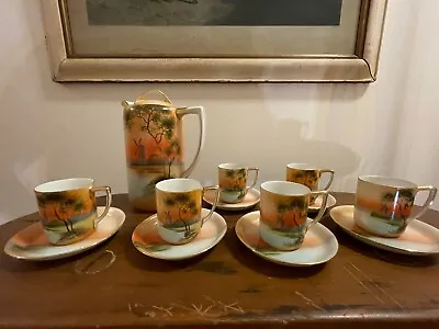 Vintage Noritake Hand Painted Windmill Scene Pitcher Tea Cups & Saucer Set • $50