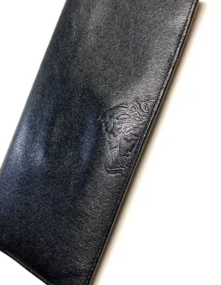 Gianni Versace Vintage Half Medusa Embossed Leather Long Wallet Italy Black • $115.24