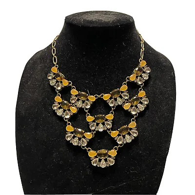 J Crew Brown Flower Floral Rhinestone  Statement Necklace Antiqued Gold Tone￼ • $20