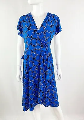 Vicky Tiel Royal Blue Floral Leaf Print Short Sleeve Midi Wrap Dress Size M • $23.98
