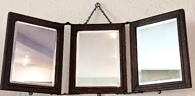 Antique Victorian Tri Fold Dresser Vanity Shaving Mirror Stands Hangs Oak Emboss • $125.96