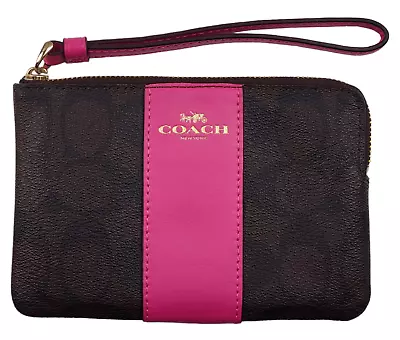 Coach F58035 Signature Leather Corner Zip Wristlet Wallet - Brown W/ Hot Pink • $23.99