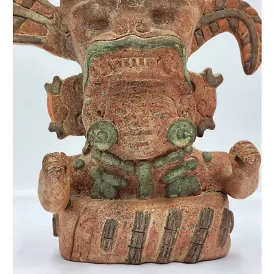 Mexican Folk Art Zapotec Pitao Cozobi Aztec Style Statue Warrior Headdress 11  • $59.49