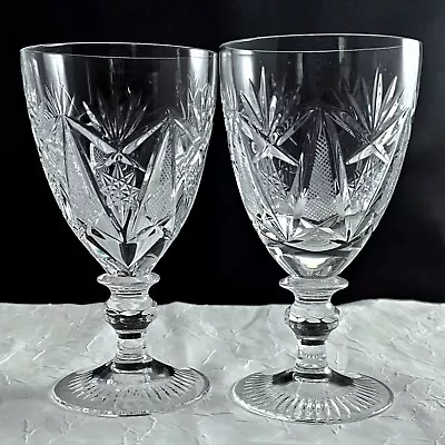 2 Vintage Cut Crystal Water Wine Glasses 5.25   Elegant Glass Star Stemware • $24.95