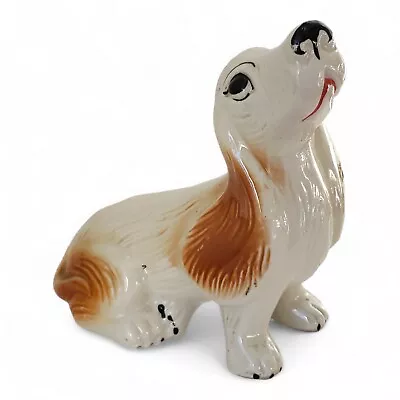 Vintage Lusterware Whimsical Sitting Dog White With Brown Spots Figurine • $24.99