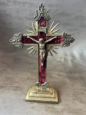 Vtg Antique Ornate Brass Cross Red Velvet Religious Crucifix Jesus 8” Tabletop • $75