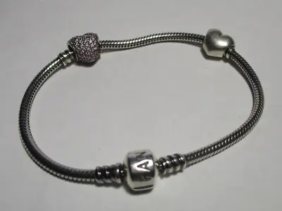 $65 • Buy PANDORA Charm Bracelet Silver Smooth Snake & 2 Charms Barrel Clasp 20cm 590702HV