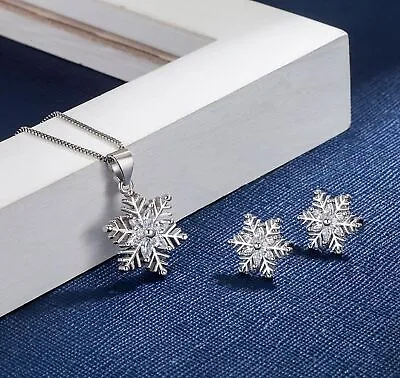 £4.99 • Buy Crystal Snowflakes 925 Sterling Silver Necklace Stud Earrings Christmas Gift UK