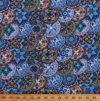 Mexican Plates Talavera Pottery Blue Fiesta Cotton Fabric Print By Yard D362.22 • $10.95
