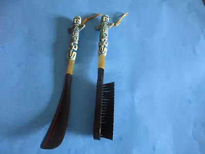 Vtg. Totem Pole Handled Brush & Shoe Horn Set Made Hong Kong W/box Blue/ivory • $9.95