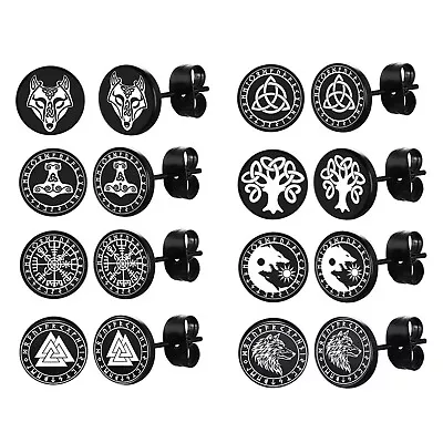 8 Pairs Viking Wolf Runes Stainless Steel Black Ear Stud Earrings For Men Women • $12.99