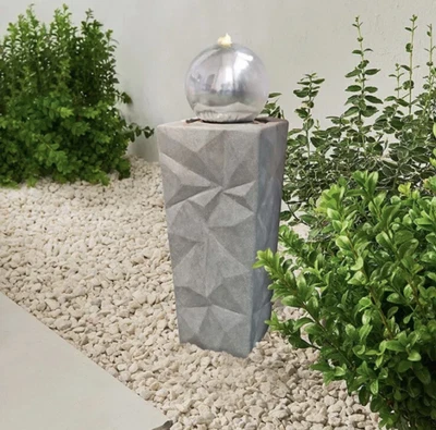 £70 • Buy 78cm Tall Tower Water Feature With Stainless Steel Orb And LEDs Modern Obelisk