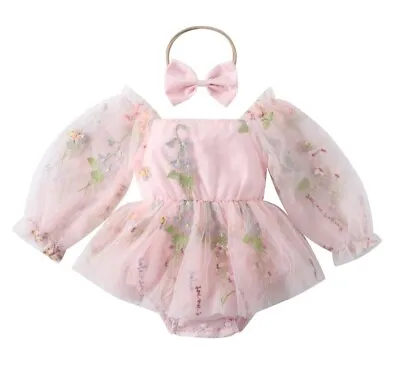 Baby Girl Birthday Dress Girls Princess Dress Headband Set Floral Tulle Dress  • £14.99