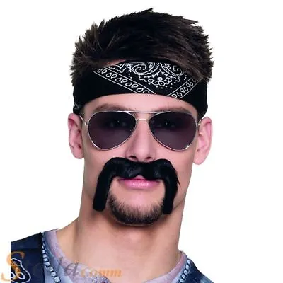 Stick On Black Biker Handlebar Moustache YMCA Fancy Dress Costume Accessory • £4.99