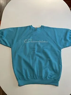 Vintage Champion 1980’s Short Sleeved Sweatshirt Blue Logo Size L • £9.99