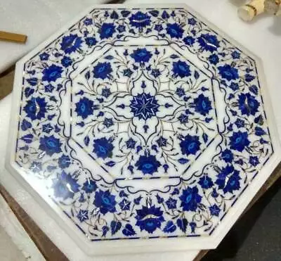 24'' Octagonal White Corner Marble Table Top Inlay With Semi Precious Lapis • £639.69