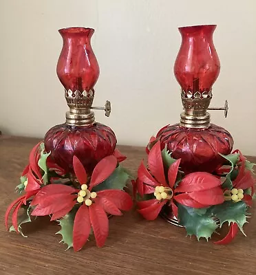 Vintage Christmas Miniature Oil Lamps Red Glass 6” Poinsettias Set Of 2 • $22.50