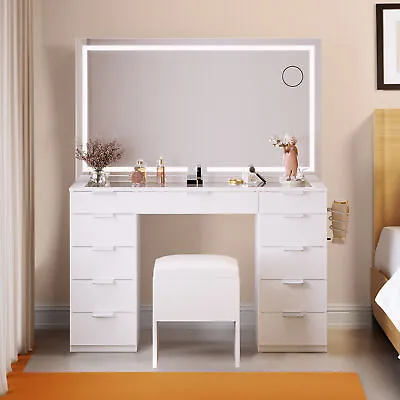 Vanity Desk Set With Large LED Lighted Mirror With 11 Drawers For Bedroom US • $299.44