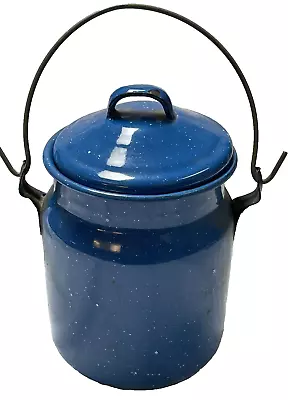 Vintage Blue Speckle Enamel Enamelware Milk Can Pail With Lid Handle Farmhouse • $22