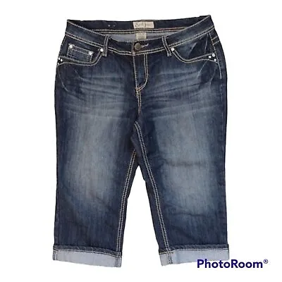 Earl Jeans EUC 12 Petite Midrise Dark Wash Embellished Pockets Capri Cowgirl • $15.99
