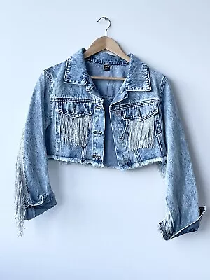 Women’s Crop Denim Jacket Tassel Casual Jean Coat With Fringe - Size S (AU 8) • $15