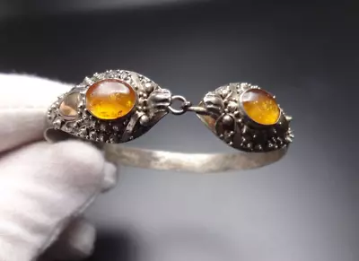 $79.95 • Buy Vintage Sterling Silver Amber Double Dragon Bangle Hook Bracelet Sz 7