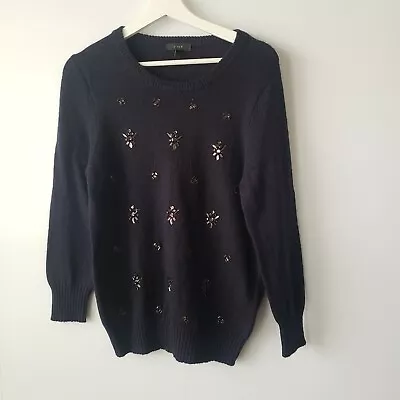 J. Crew Navy Blue Jewel Cluster Crew Neck Mohair Blend  Sweater Size L • $29.99